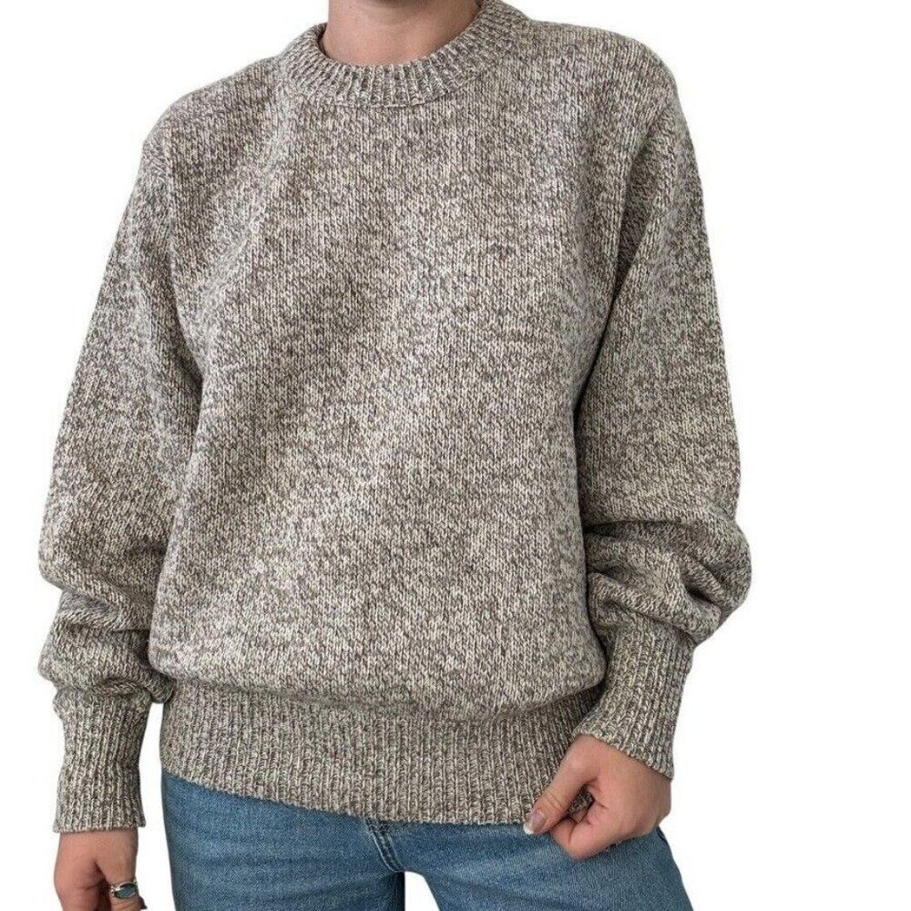 Vintage 1990s Eddie Bauer Mens Tan Marled Heathered Wool Blend Chunky Sweater M